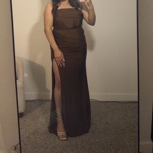 Strapless Brown Evening Gown with Side Slit